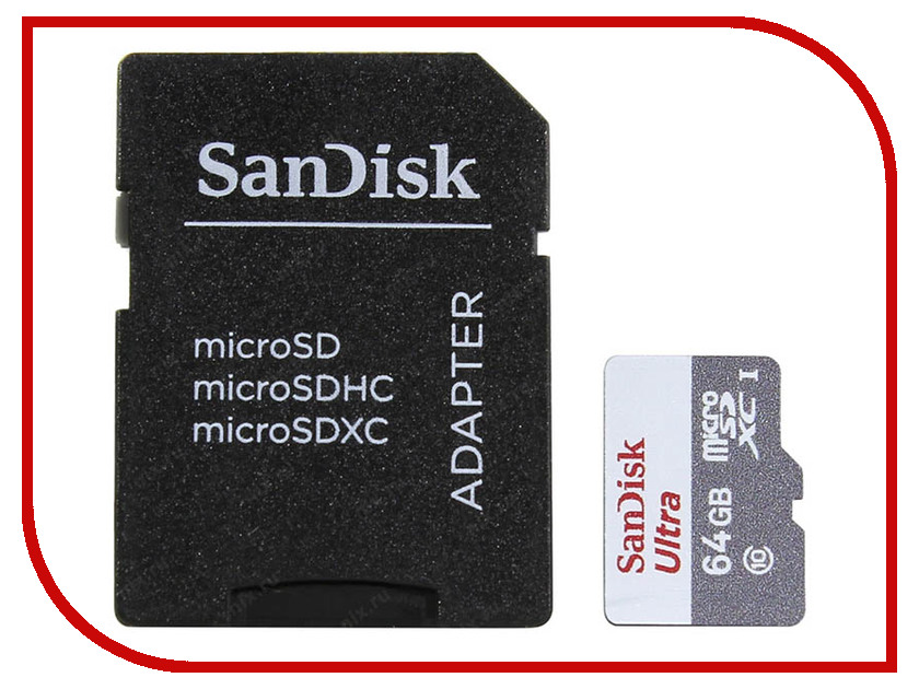 фото Карта памяти 64Gb - SanDisk Ultra Micro Secure Digital HC - Class 10 UHS-1 SDSQUNS-064G-GN6TA с переходником под SD (Оригинальная!