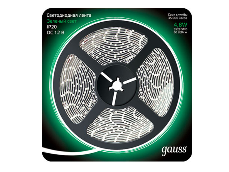 Светодиодная лента Gauss LED 2835/60-SMD 4.8W 12V DC 5m Green 312000605