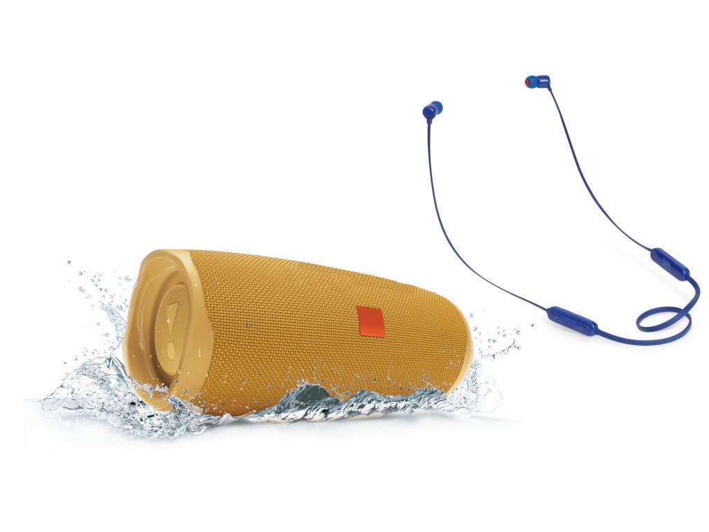 фото Колонка jbl charge 4 yellow + наушники t110bt blue