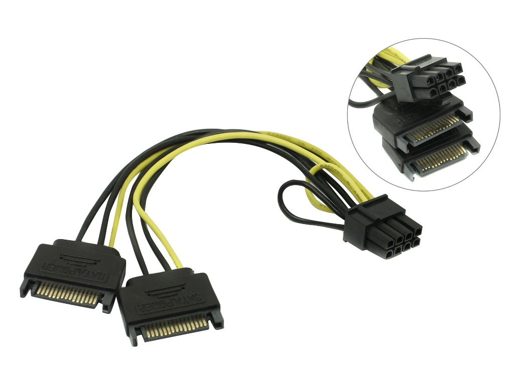 Аксессуар Кабель переходник питания Akasa SATA Power to 6+2pin PCIe 15cm AK-CBPW19-15 кабель для блока питания asus с разъемом 6 0x3 7мм до 230w длина 140см 2pin