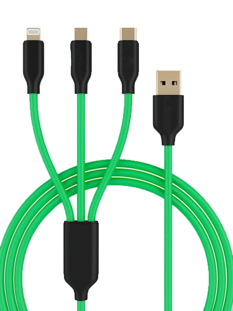 фото Аксессуар Greenconnect Fast Charge 3A 3 in 1 USB 2.0 - MicroUSB / TypeC / Lightning 1.5m Green GCR-51493