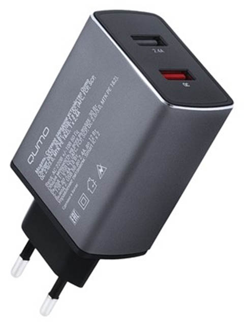 фото Зарядное устройство qumo 2xusb 1xqc 2.4a charger 0020 dark grey metal