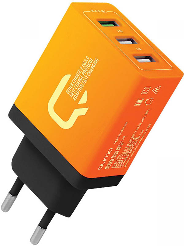 фото Зарядное устройство qumo 2xusb 2.1a + quick charge 3.0 charger 0019 orange