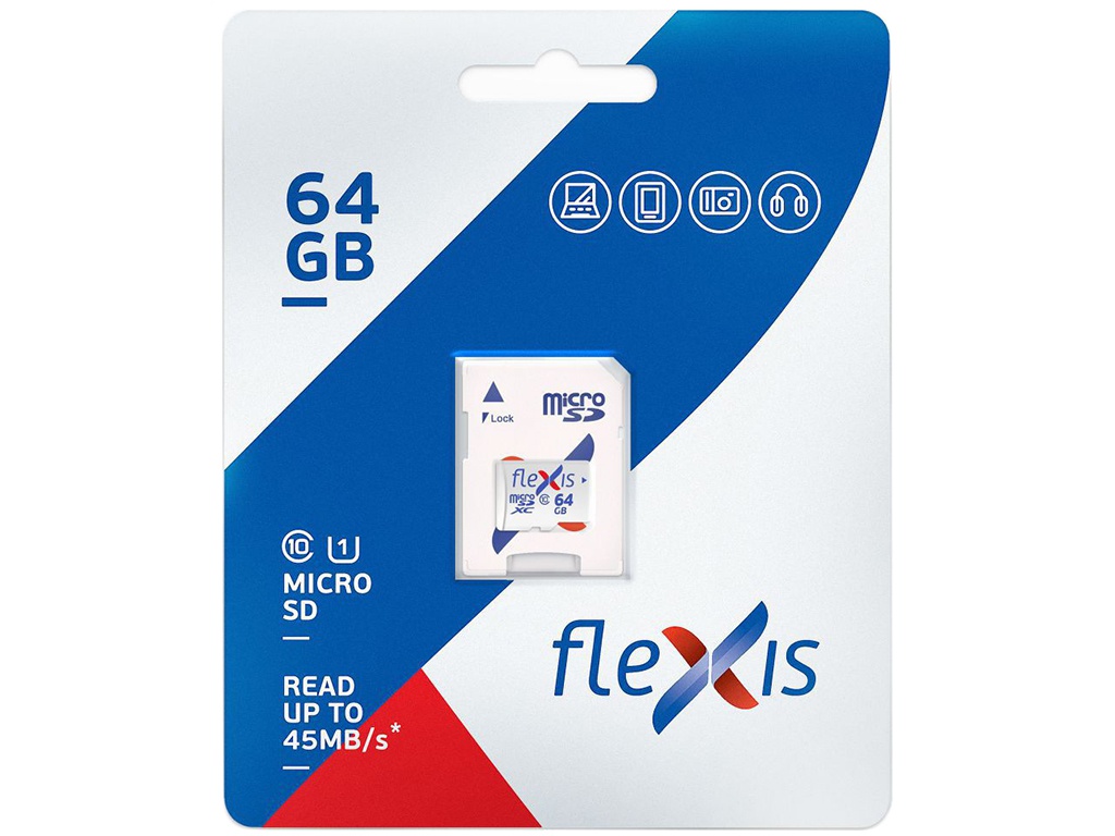 

Карта памяти 64Gb - Flexis Micro Secure Digital XC Class 10 U1 FMSD064GU1A с переходником под SD, FMSD064GU1A