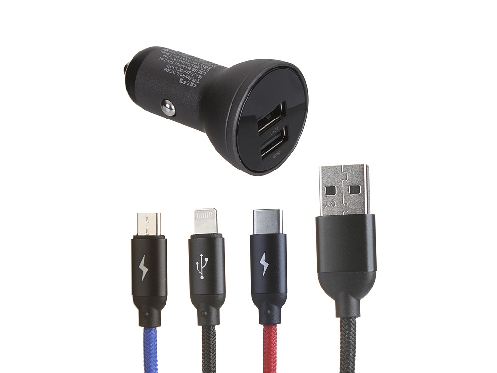 Зарядное устройство Baseus Digital Display Dual USB 4.8A Car Charger 24W + Three Primary Colors 3-in-1 Cable USB 1.2m TZCCBX-0G