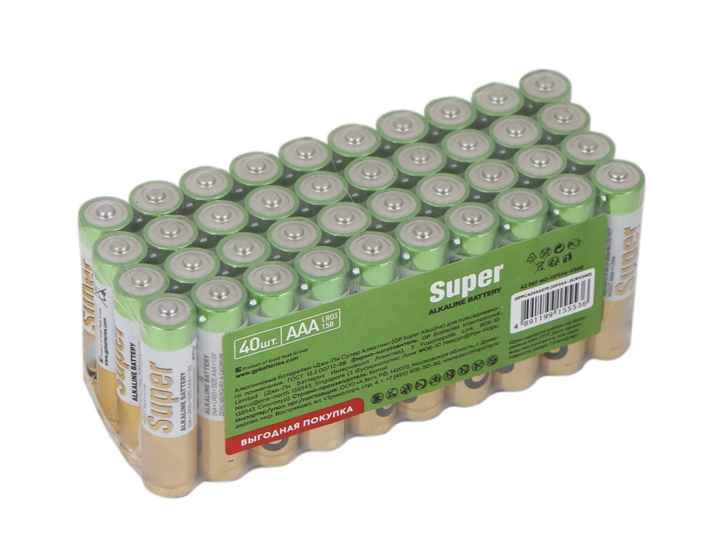 Батарейка AAA - GP Super Alkaline 24A-2CRVS40 (40 штук) батарейка крона gp super alkaline 9v 1604a 5crb6 72 720 6 штук