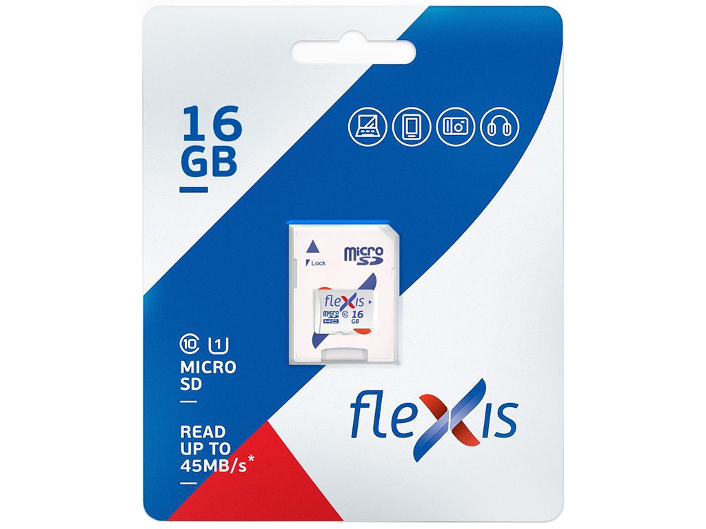 

Карта памяти 16Gb - Flexis Micro Secure Digital HC Class 10 UHS-I U1 FMSD016GU1 с переходником под SD, FMSD016GU1A