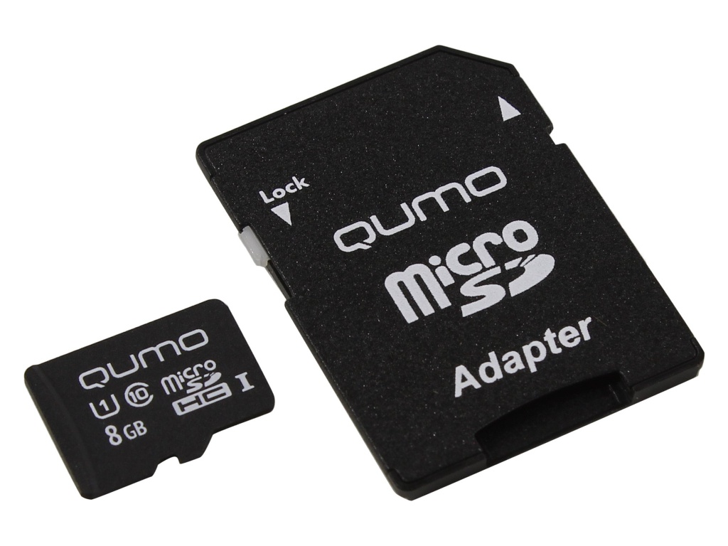 

Карта памяти 8Gb - Qumo Micro Secure Digital HC Class 10 UHS-I QM8GMICSDHC10U1 с переходником под SD, QM8GMICSDHC10U1