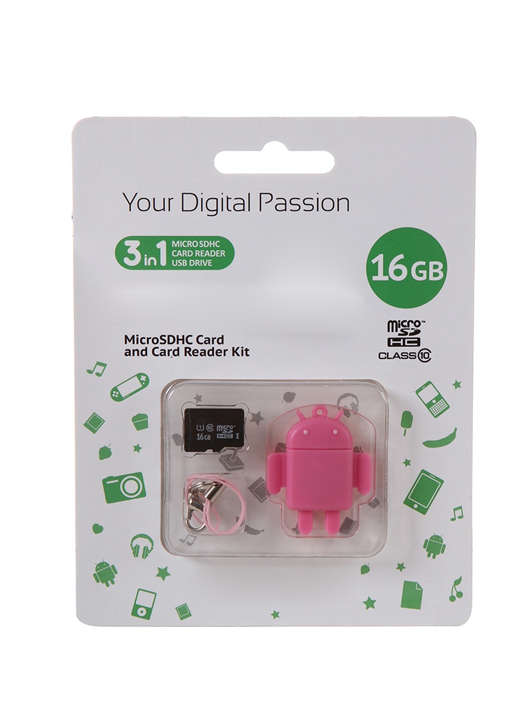 

Карта памяти 16Gb - Qumo Fundroid Micro Secure Digital HC Class 10 Pink QM16GCR-MSD10-FD-PNK с картридером USB, QM16GCR-MSD10-FD-PNK