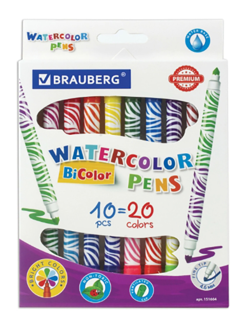 

Фломастеры двусторонние Brauberg Premium Bi-Color 10шт 20 цветов 151664, 151664