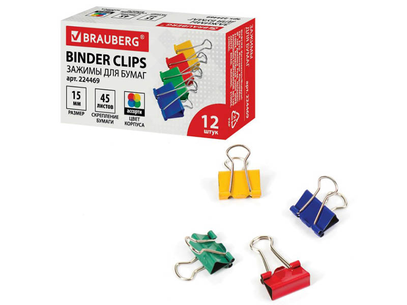 

Зажимы Brauberg 15mm 12шт Colored 224469, 224469