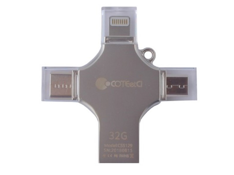 фото Usb flash drive 32gb - coteetci u3 zinc alloy u otg usb/lightning/type-c/microusb grey cs5129-32g