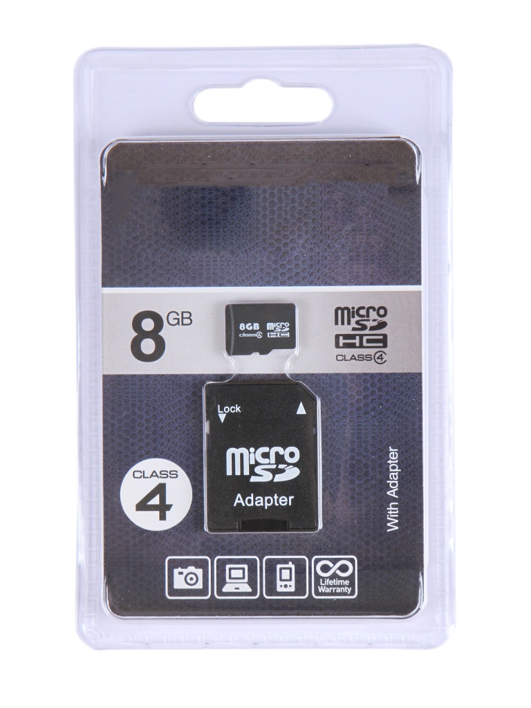 

Карта памяти 8Gb - OltraMax Micro Secure Digital HC Class 4 OM008GCSDHC4-AD с переходником под SD, OM008GCSDHC4-AD