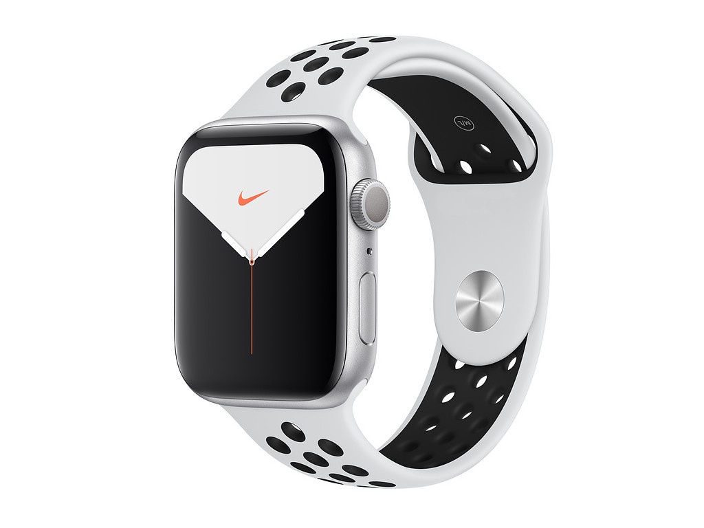 фото Умные часы apple watch nike series 5 44mm silver aluminium with pure platinum-black nike sport band sm - ml mx3v2ru/a выгодный набор + серт. 200р!!!