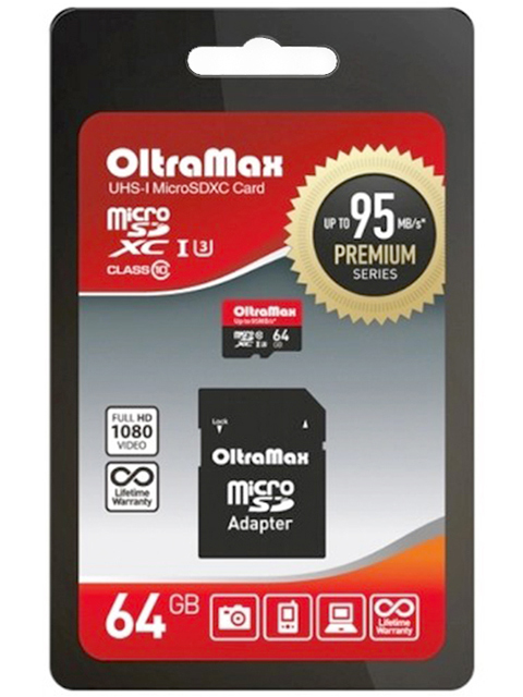 фото Карта памяти 64gb - oltramax micro secure digital xc class 10 uhs-1 premium u3 om064gcsdxc10uhs-1-pru3 с переходником под sd