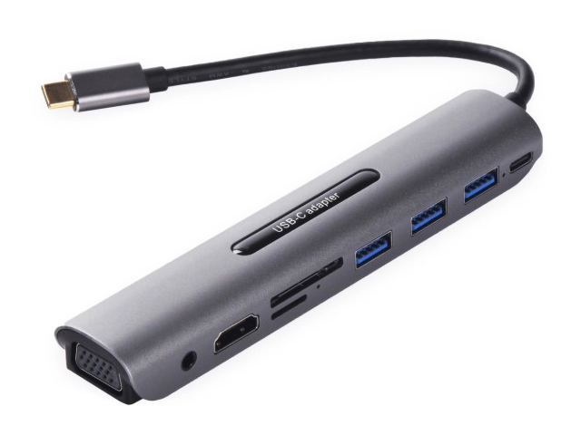 фото Переходник ineez usb type-c 9in1 3xusb 3.0/sd/tf/hdmi/audio/vga/pd grey 911488