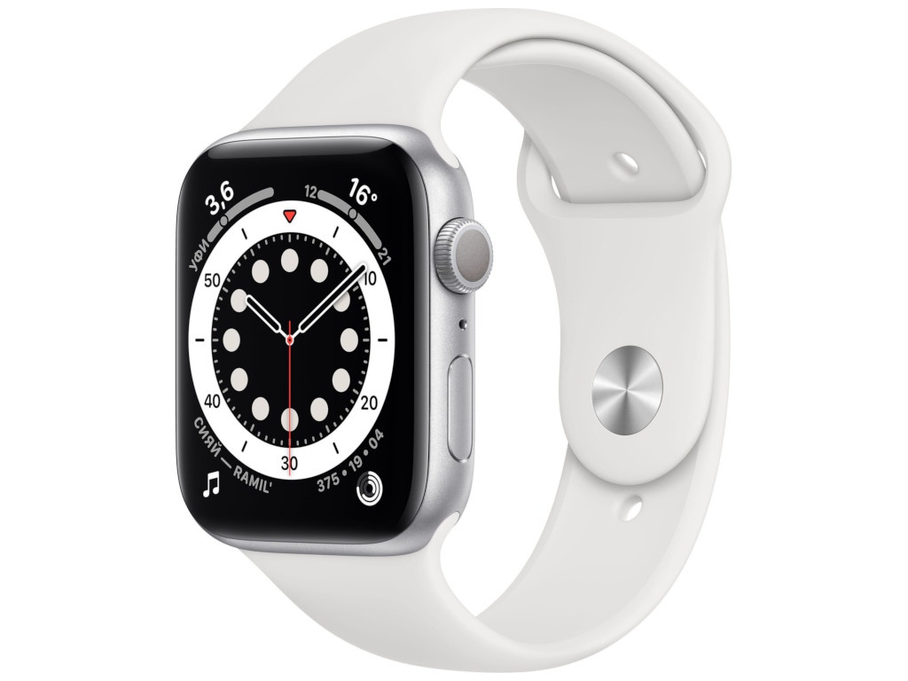 фото Умные часы apple watch series 6 44mm silver aluminium case with white sport band m00d3ru/a