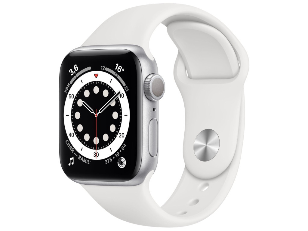 фото Умные часы apple watch series 6 gps 40мм aluminum case with sport band, серебристый/белый