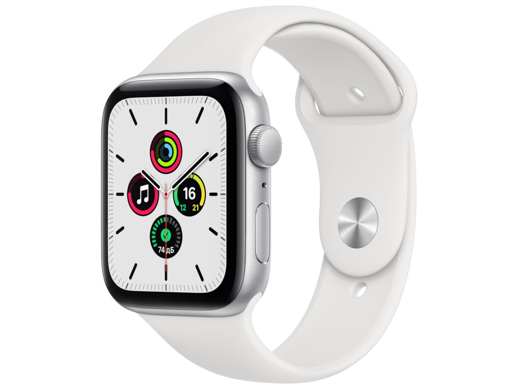 фото Умные часы apple watch se 44mm silver aluminium case with white sport band mydq2ru/a