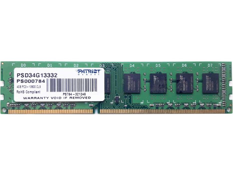 Модуль памяти Patriot Memory DDR3 DIMM 1333Mhz PC3-10600 CL9 - 4Gb PSD34G13332 память ddr3 patriot 4gb 1333mhz psd34g133381 rtl pc3 10600 cl9 dimm 240 pin 1 5в single rank psd34g133381