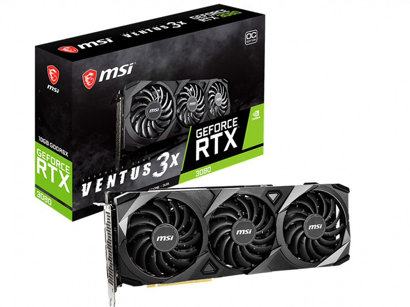 

Видеокарта MSI GeForce RTX 3080 1740Mhz PCI-E 4.0 10240Mb 19000Mhz 320-bit HDMI 3xDP HDCP RTX 3080 VENTUS 3X 10G OC LHR, RTX 3080 VENTUS 3X 10G OC