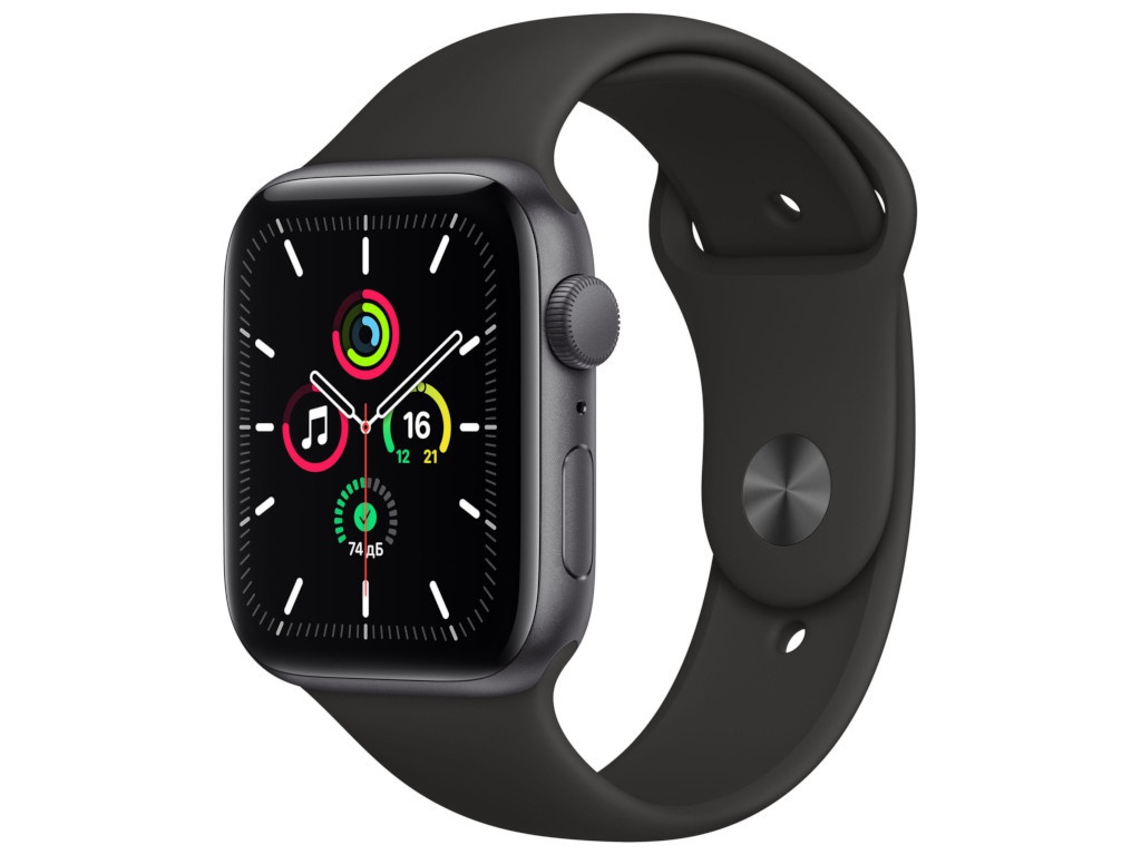 фото Умные часы apple watch se 44mm space grey aluminium case with black sport band mydt2ru/a выгодный набор + серт. 200р!!!
