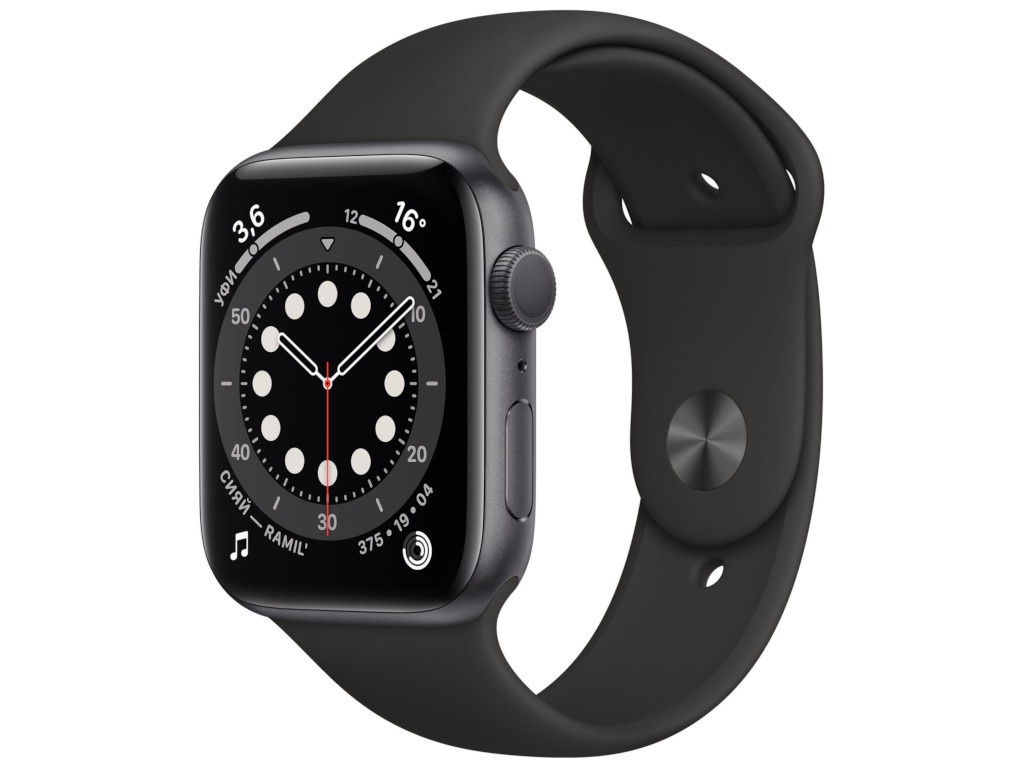 фото Умные часы apple watch series 6 44mm space grey aluminium case with black sport band m00h3ru/a выгодный набор + серт. 200р!!!