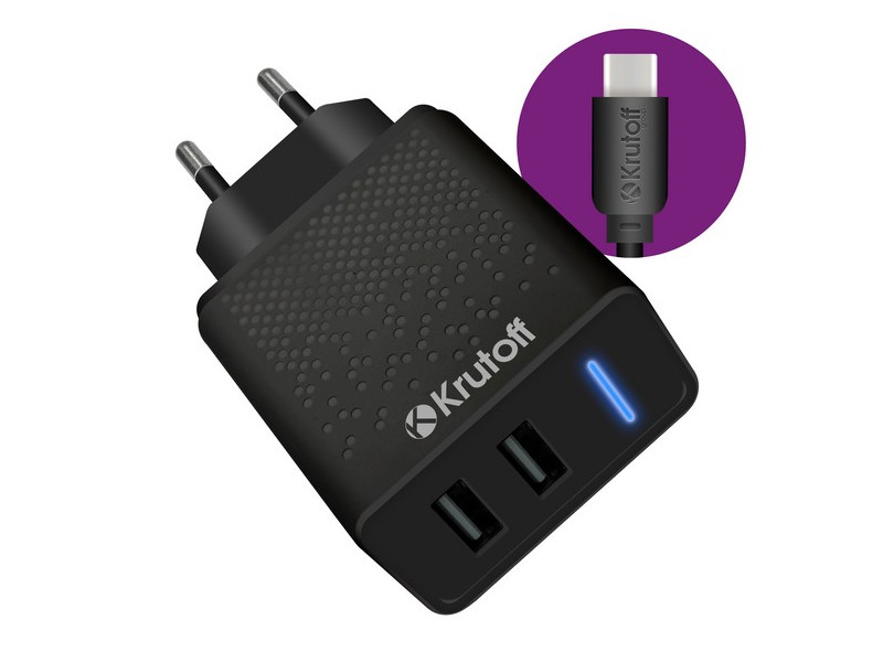 фото Зарядное устройство krutoff ch-07c 2xusb 2.4a + usb type-c black 03575