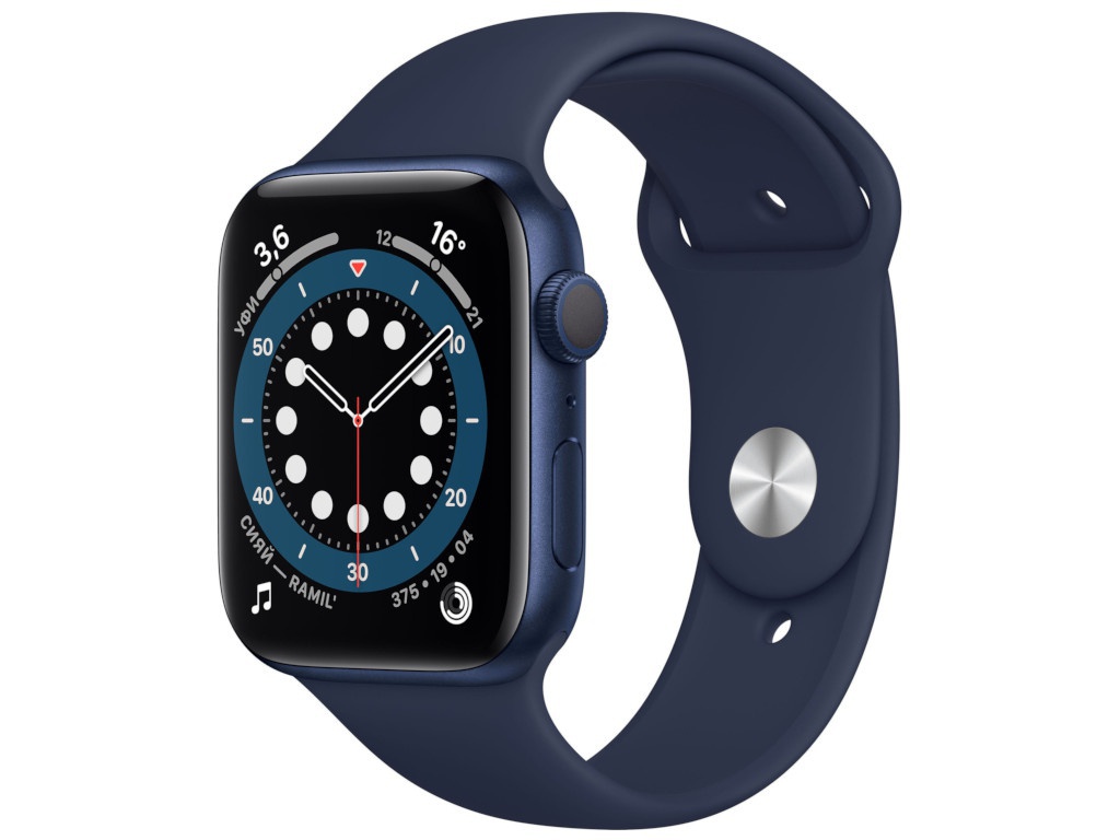 фото Умные часы apple watch series 6 44mm blue aluminium case with deep navy sport band m00j3ru/a выгодный набор + серт. 200р!!!