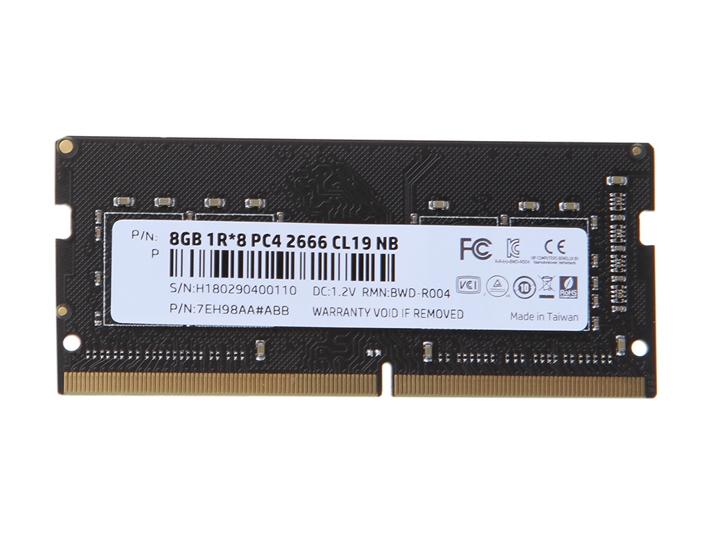 фото Модуль памяти hp s1 series ddr4 so-dimm 2666mhz non-ecc 1rx8 cl19 - 8gb 7eh98aa#abb hp (hewlett packard)