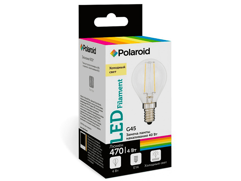

Лампочка Polaroid FIL G45 4W 220V 4000K E14 470lm PL-G45F4144, PL-G45F4144
