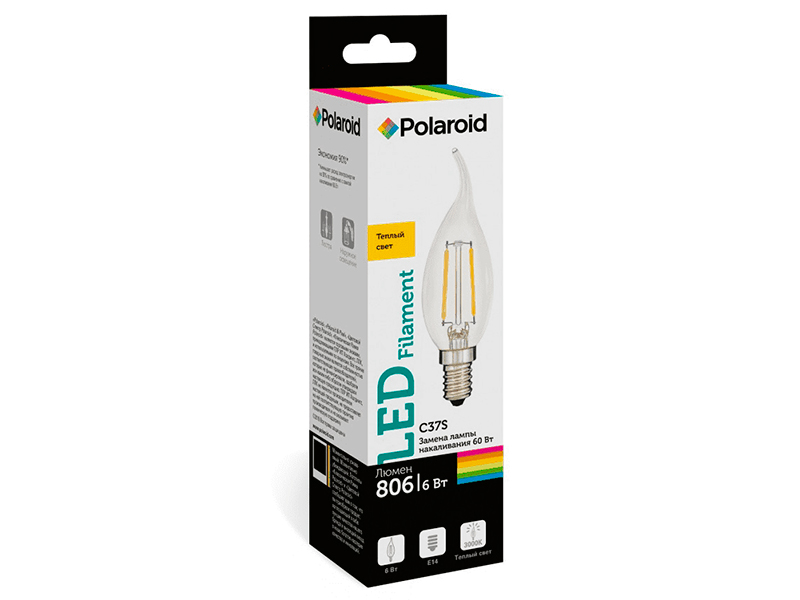 

Лампочка Polaroid C37S FIL 6W 220V 3000K E14 806Lm PL-C37SF6143, C37S FIL