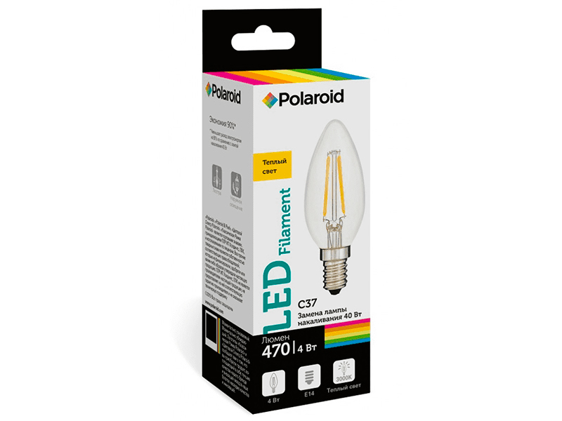 

Лампочка Polaroid C37 FIL 4W 220V 3000K E14 470Lm PL-C37F4143, C37 FIL