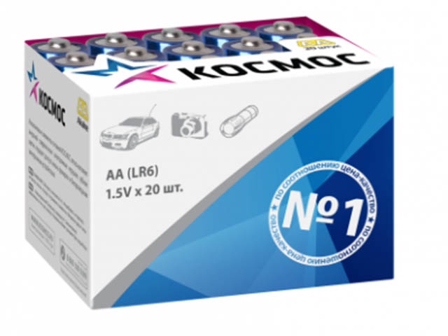 Батарейка AA - Космос Alkaline LR6 KOCLR620BOX (20 штук) элемент питания алкалиновый lr lr6 уп 20шт космос koclr620box 1 шт