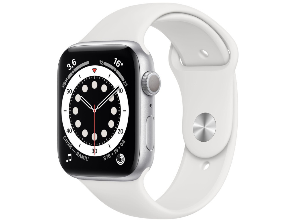 фото Умные часы apple watch series 6 44mm silver aluminium case with white sport band m00d3ru/a выгодный набор + серт. 200р!!!