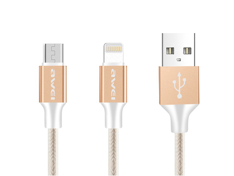 фото Аксессуар awei 2 in 1 usb - microusb - lightning 1.2m beige cl-70