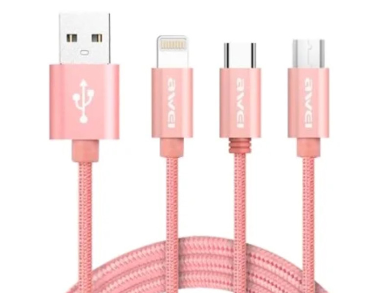 фото Аксессуар awei 3 in 1 usb - microusb - type c - lightning 1m pink cl-984