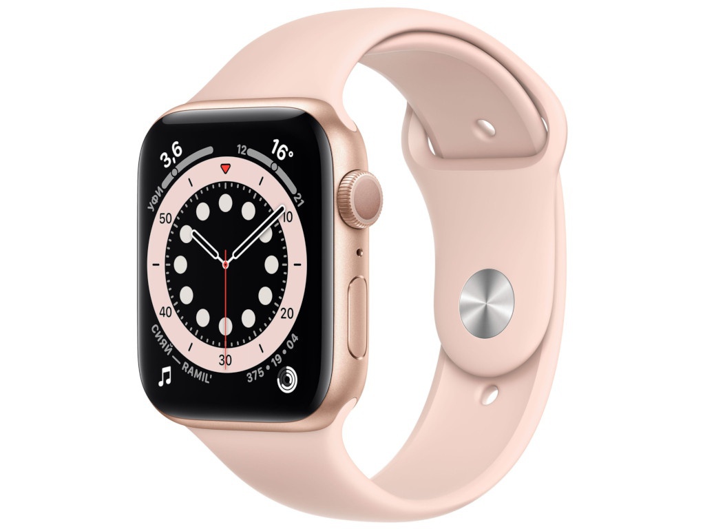 фото Умные часы apple watch series 6 44mm gold aluminium case with pink sand sport band m00e3ru/a выгодный набор + серт. 200р!!!