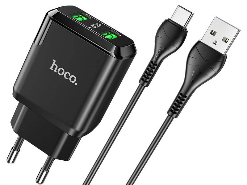 Зарядное устройство Hoco N6 Charmer 2xUSB 5V 3A QC3.0 + Cable USB Type-C Black 6931474738998
