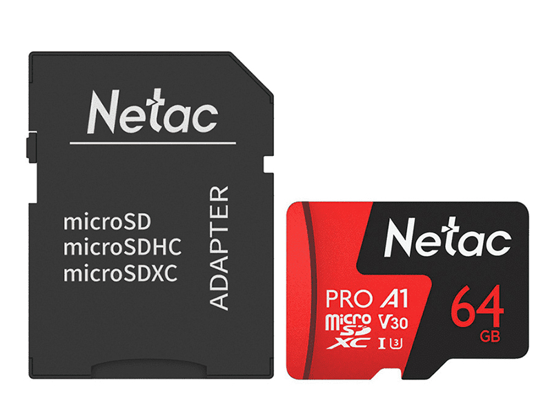 Карта памяти 64Gb - Netac P500 Extreme Pro MicroSDXC Class 10 A1 V30 NT02P500PRO-064G-R с переходником под SD netac p500 standard 64gb nt02p500stn 064g r