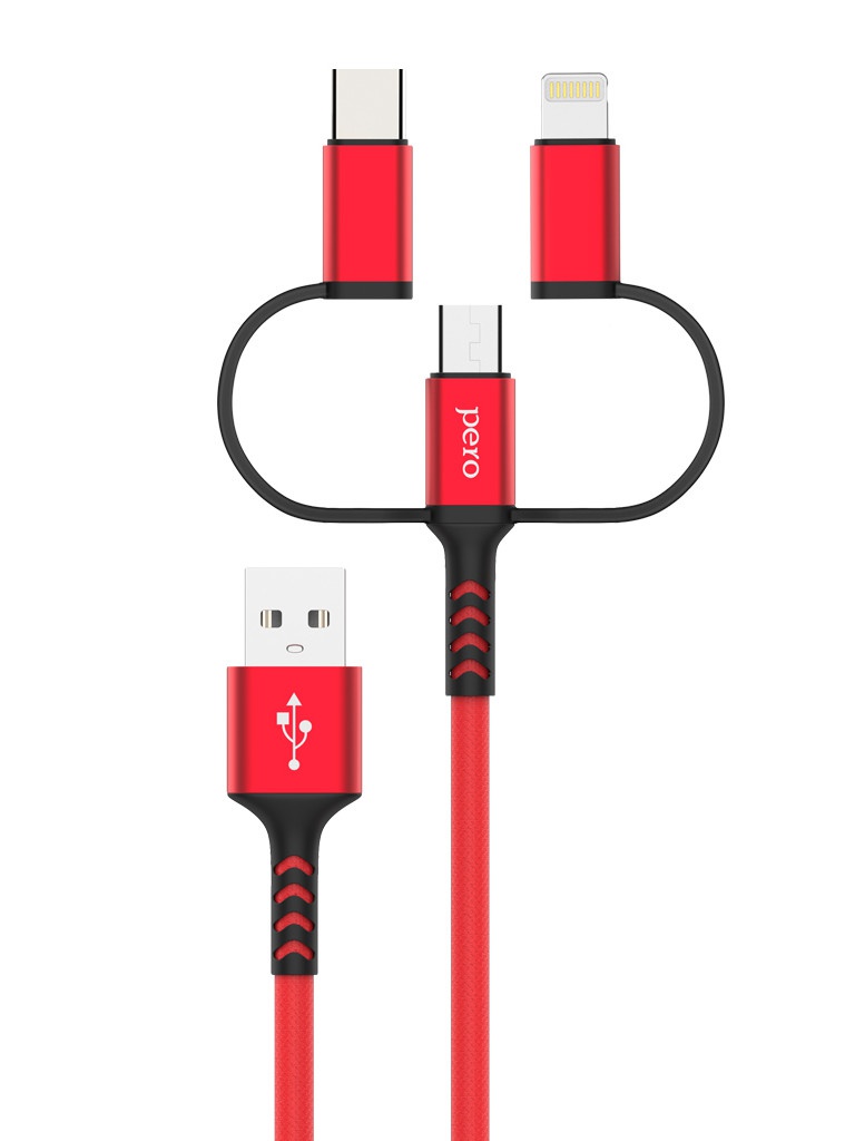 фото Аксессуар pero dc-06 universal usb - lightning/microusb/usb type-c 2a 2m red prdc-06u2mr