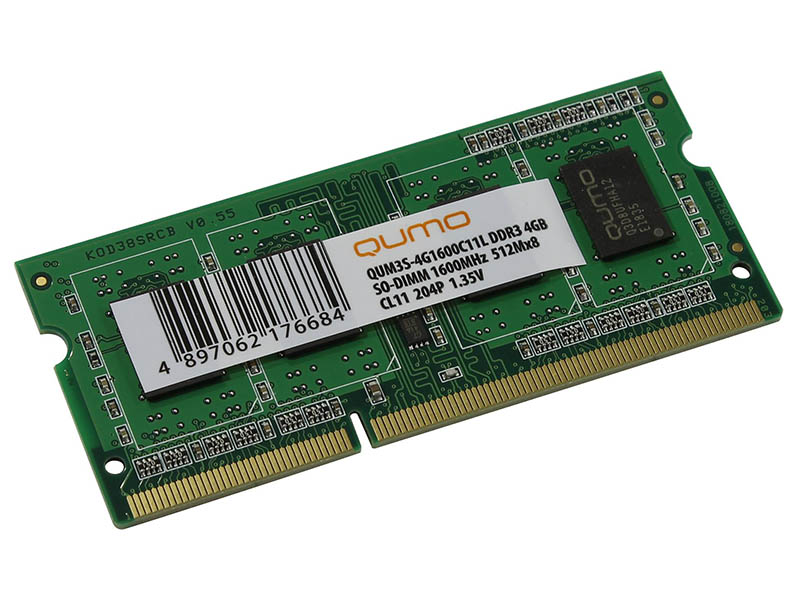 Модуль памяти Qumo 4GB DDR3L 1600MHz SODIMM 204pin CL11 QUM3S-4G1600C11L модуль памяти для ноутбука sodimm ddr3 4gb pc12800 1600мгц hynix hmt351s6cfr8c pb