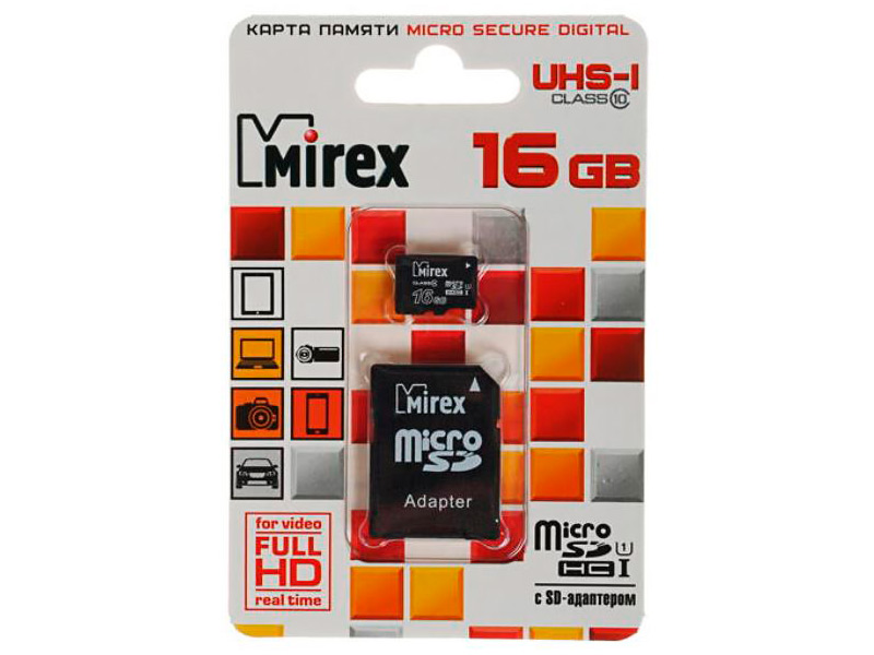 Карта памяти 16Gb - Mirex MicroSD Class 10 UHS-I 13613-ADSUHS16 с адаптером SD