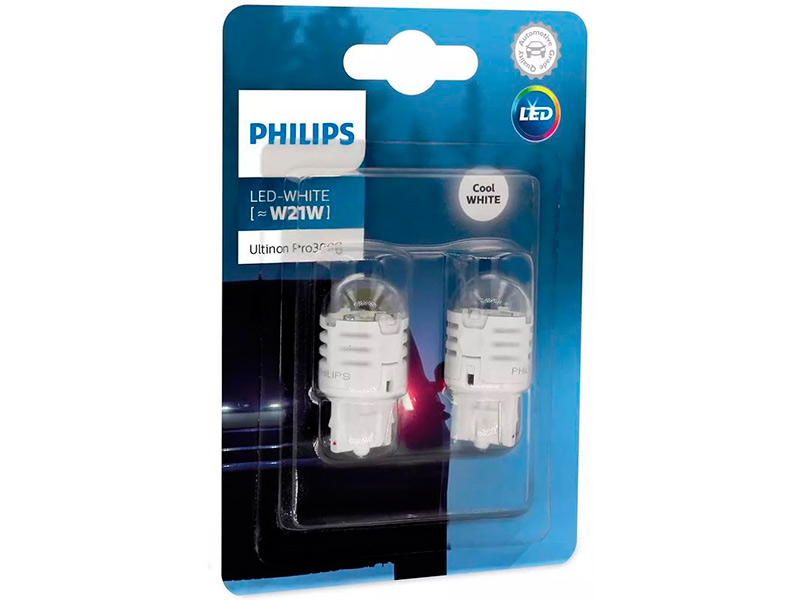 Лампа Philips White Ultinon Pro3000 LED W21W 12V-LED (W3x16d) 2шт 11065U30CWB2 лампа philips ultinon pro3000 w21 5w 12v led red w3x16q 2 штуки 11066u30rb2