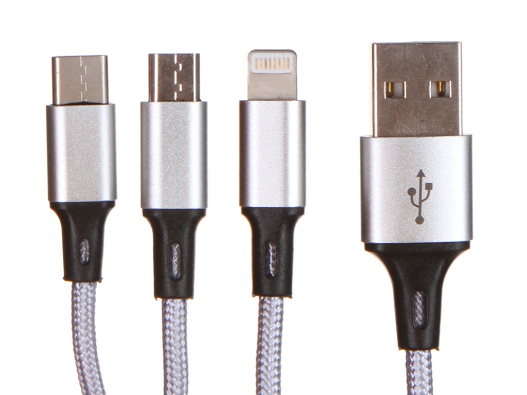 фото Аксессуар wiiix micro-usb/8pin/type-c 0.2m silver cbb600-u8mutc-2s