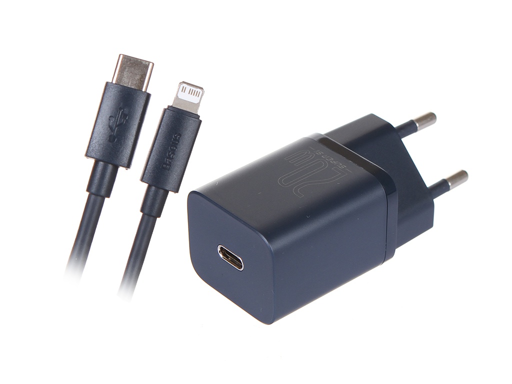 фото Зарядное устройство baseus super si quick charger 1c 20w eu sets + кабель type-c - lightning blue tzccsup-b03