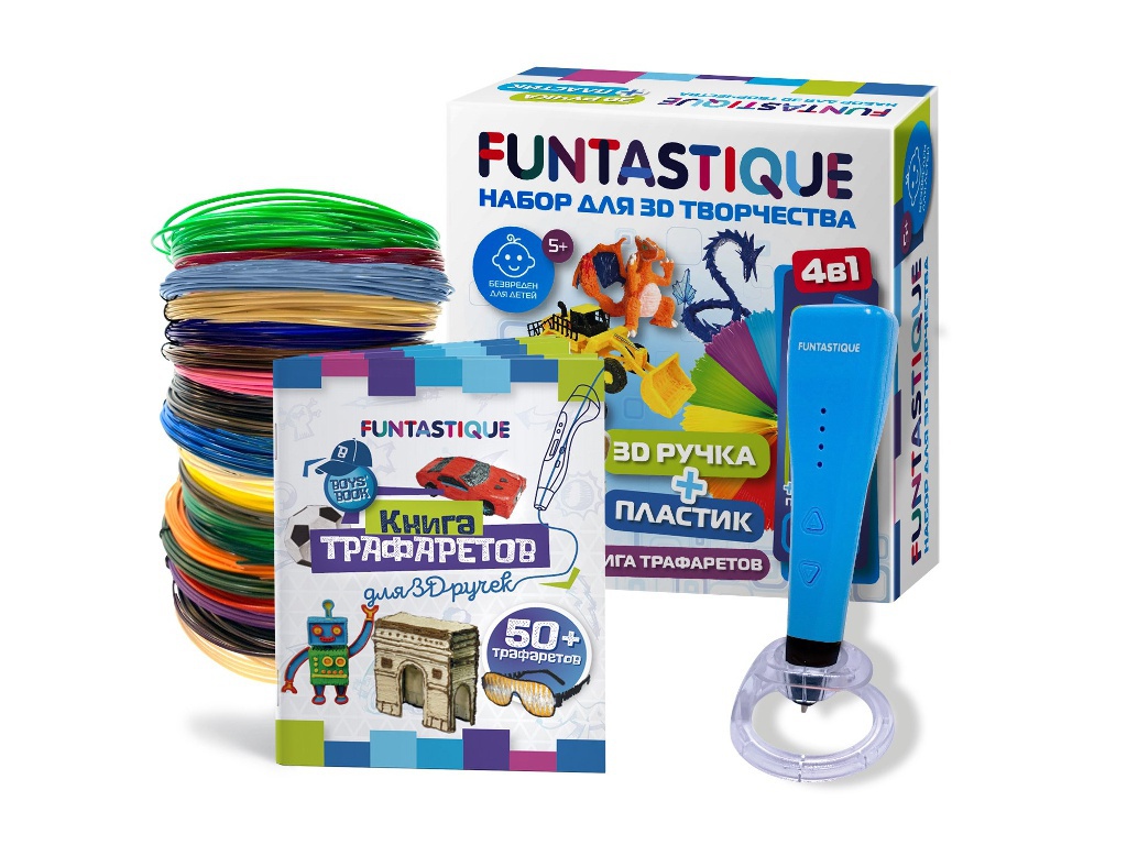 3D ручка Funtastique Cleo с подставкой + PLA-пластик 20 цветов и книжка с трафаретами 4-1-FPN04U-PLA-20-SB-BOYS