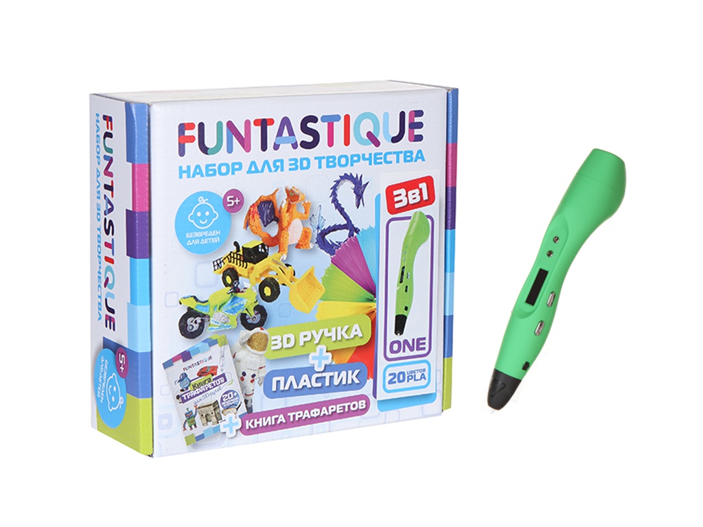 

3D ручка Funtastique One + PLA-пластик 7 цветов и книжка с трафаретами 3-1-FP001A-G-PLA-7-SB, One