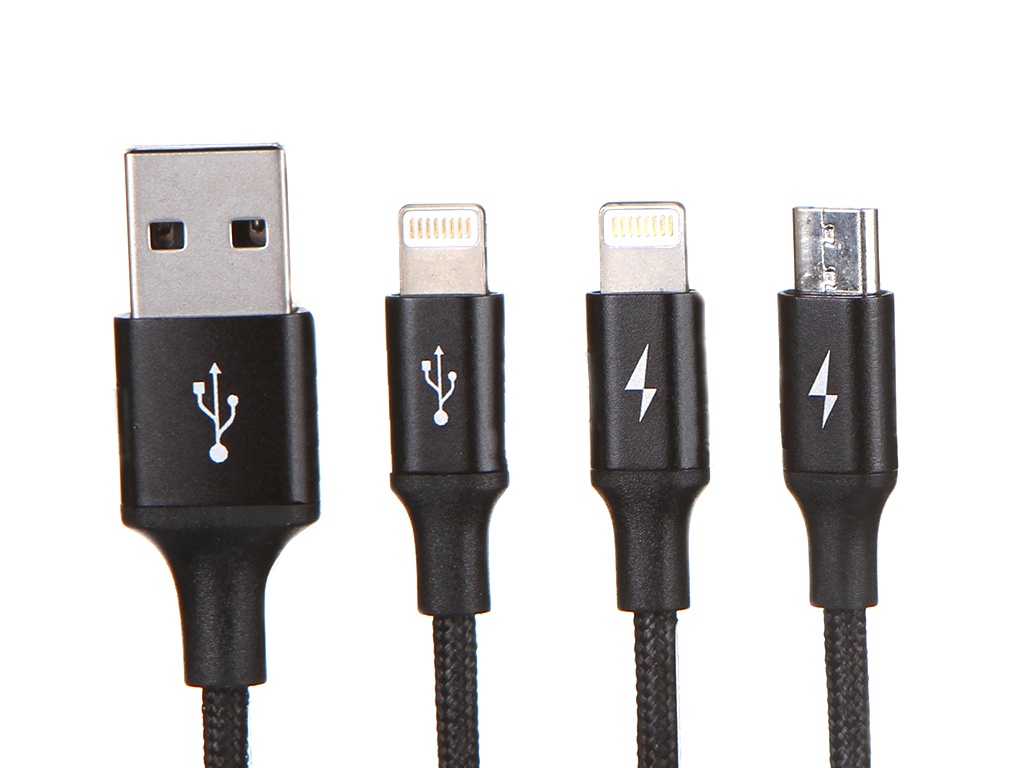 фото Аксессуар baseus rapid series 3-in-1 usb - microusb / 2xlightning 3a 1.2m black camll-su01