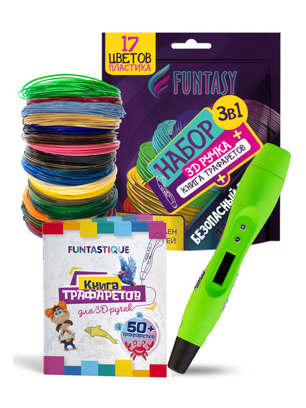 

3D ручка Funtasy One + PLA-пластик 17 цветов и книжка с трафаретами 3-1-FP001A-G-PLA-17-SB, One